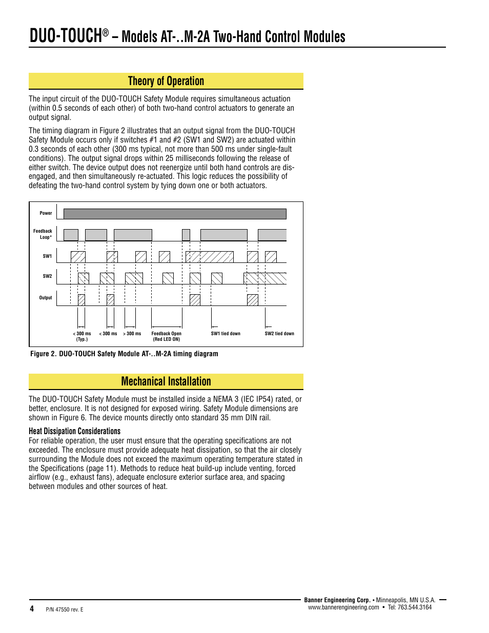 Duo-touch, Models at-..m-2a two-hand control modules, Theory of operation | Mechanical installation | Banner DUO-TOUCH Two-Hand Control Modules User Manual | Page 4 / 12