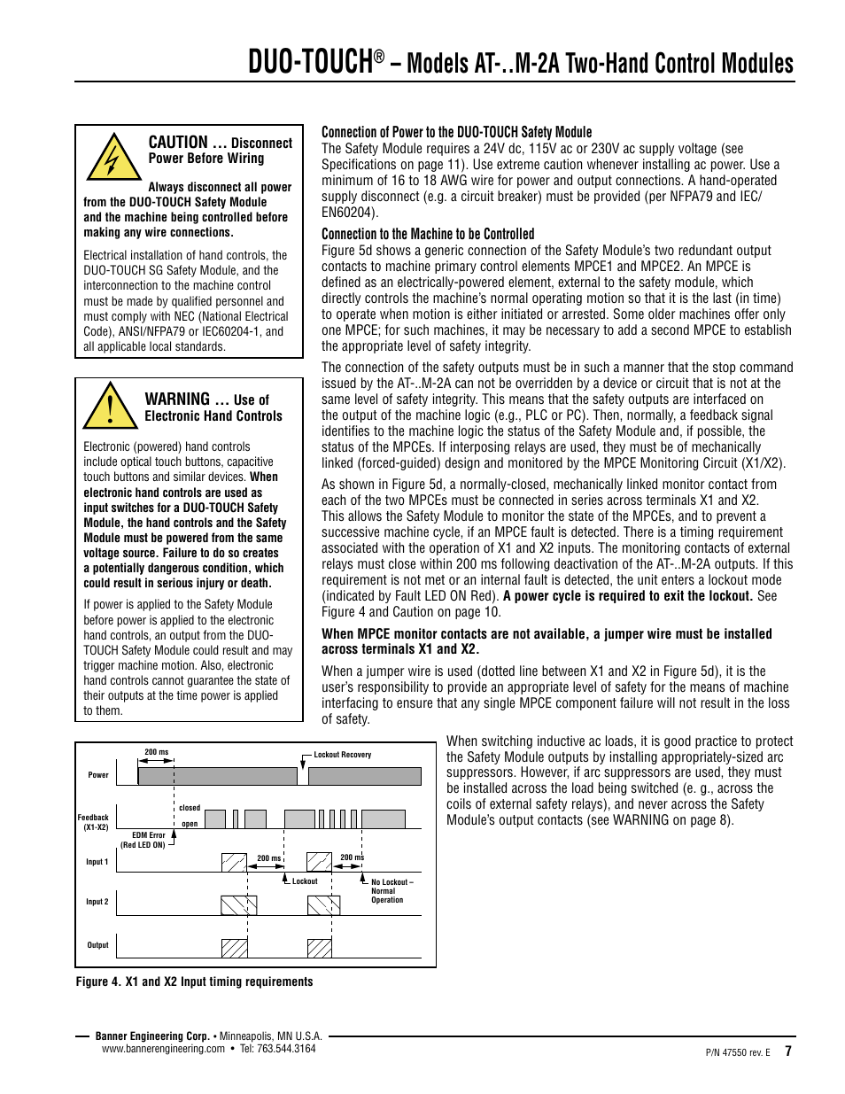 Duo-touch, Models at-..m-2a two-hand control modules, Caution | Warning | Banner DUO-TOUCH Two-Hand Control Modules User Manual | Page 7 / 12