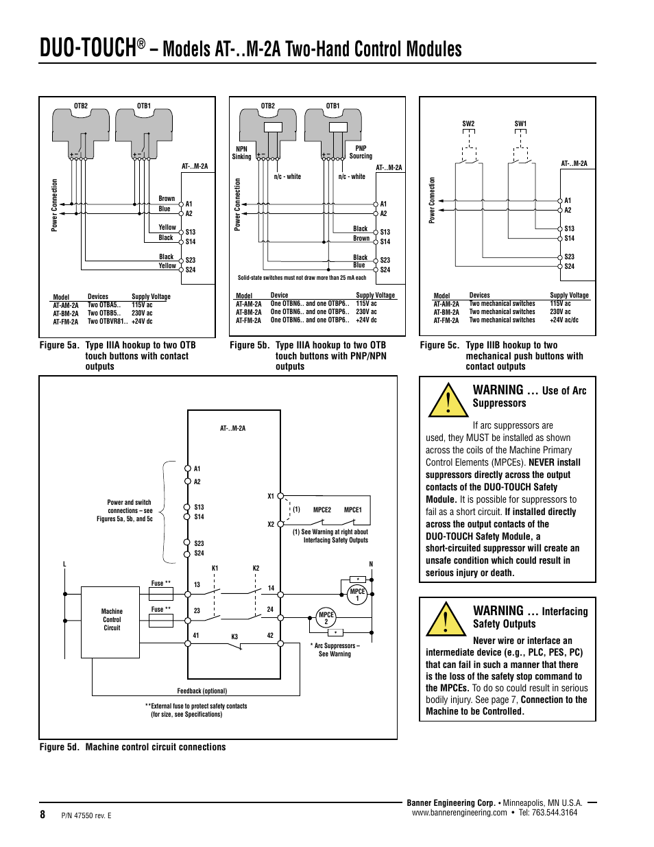 Duo-touch, Models at-..m-2a two-hand control modules, Warning | Use of arc suppressors, Interfacing safety outputs | Banner DUO-TOUCH Two-Hand Control Modules User Manual | Page 8 / 12