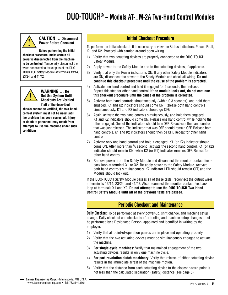 Duo-touch, Models at-..m-2a two-hand control modules, Initial checkout procedure | Periodic checkout and maintenance | Banner DUO-TOUCH Two-Hand Control Modules User Manual | Page 9 / 12