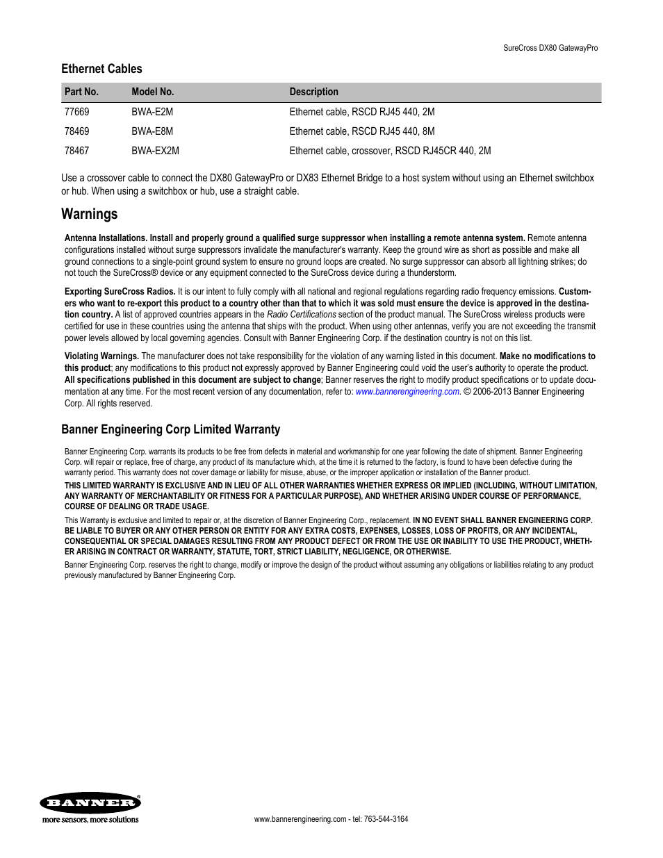 Warnings, Ethernet cables, Banner engineering corp limited warranty | Banner SureCross DX80 Wireless Networks User Manual | Page 7 / 7