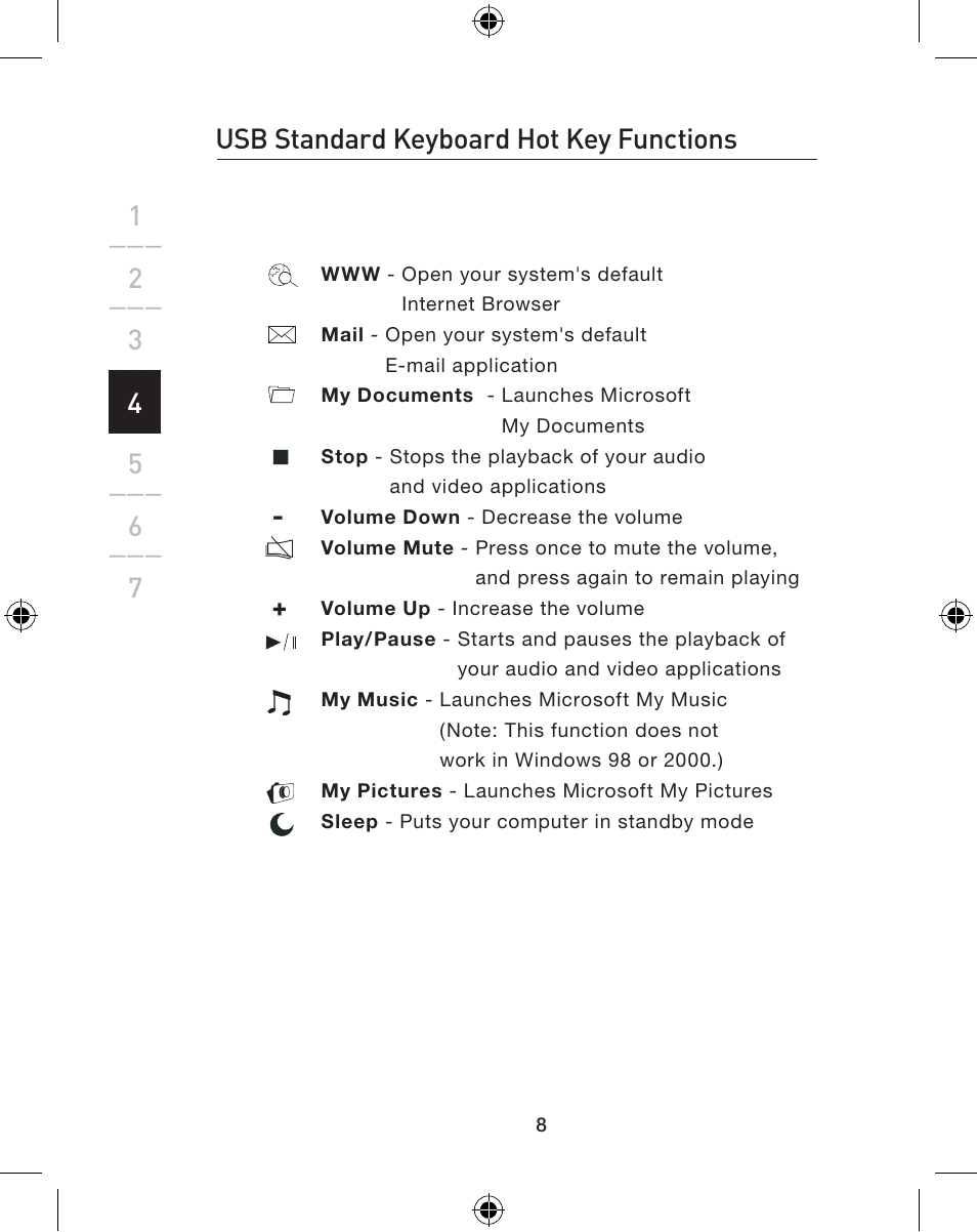 4usb standard keyboard hot key functions | Belkin WIRELESS P74775 User Manual | Page 12 / 68