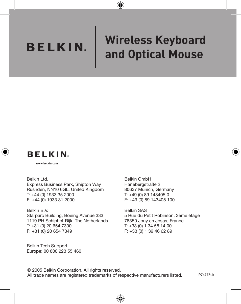 Wireless keyboard and optical mouse | Belkin WIRELESS P74775 User Manual | Page 20 / 68