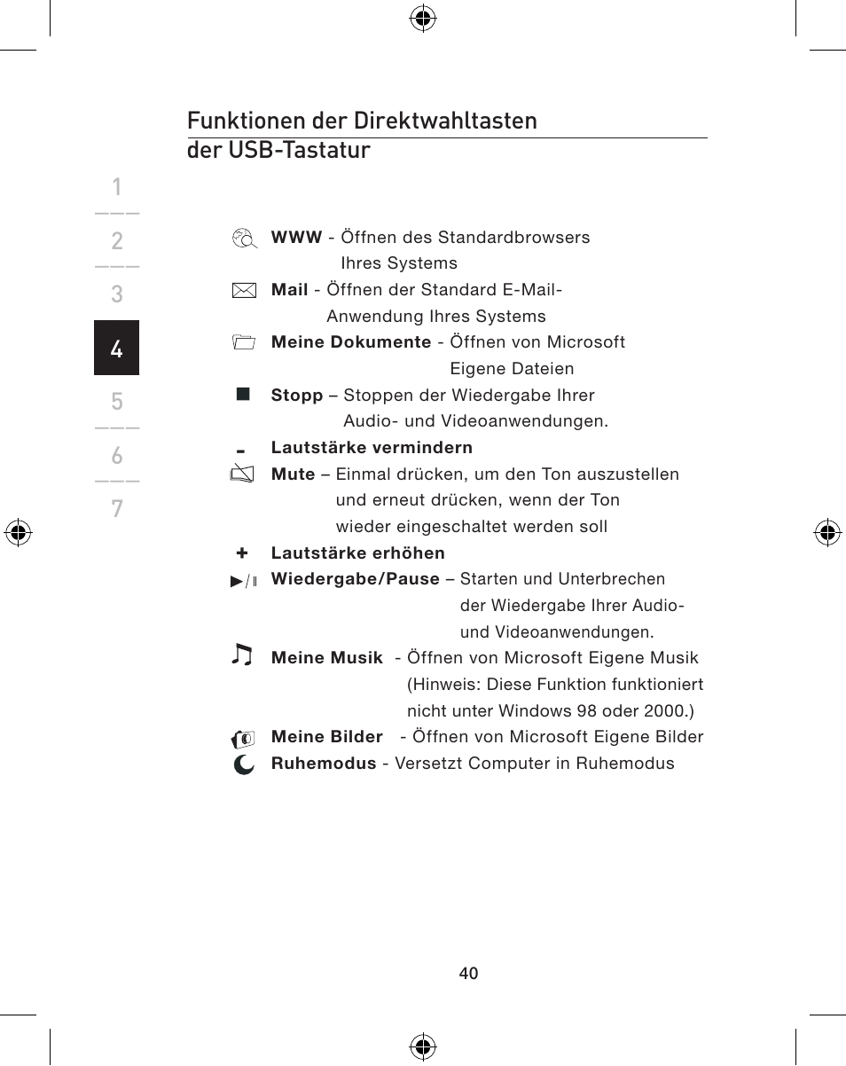 4funktionen der direktwahltasten der usb-tastatur | Belkin WIRELESS P74775 User Manual | Page 44 / 68