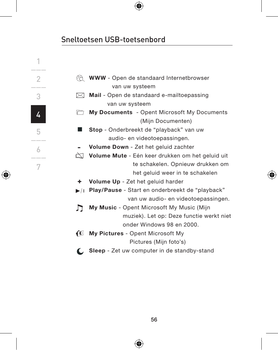 4sneltoetsen usb-toetsenbord | Belkin WIRELESS P74775 User Manual | Page 60 / 68