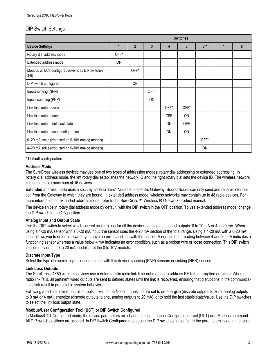 Dip switch settings | Banner SureCross DX80 Wireless Networks User Manual | Page 3 / 8