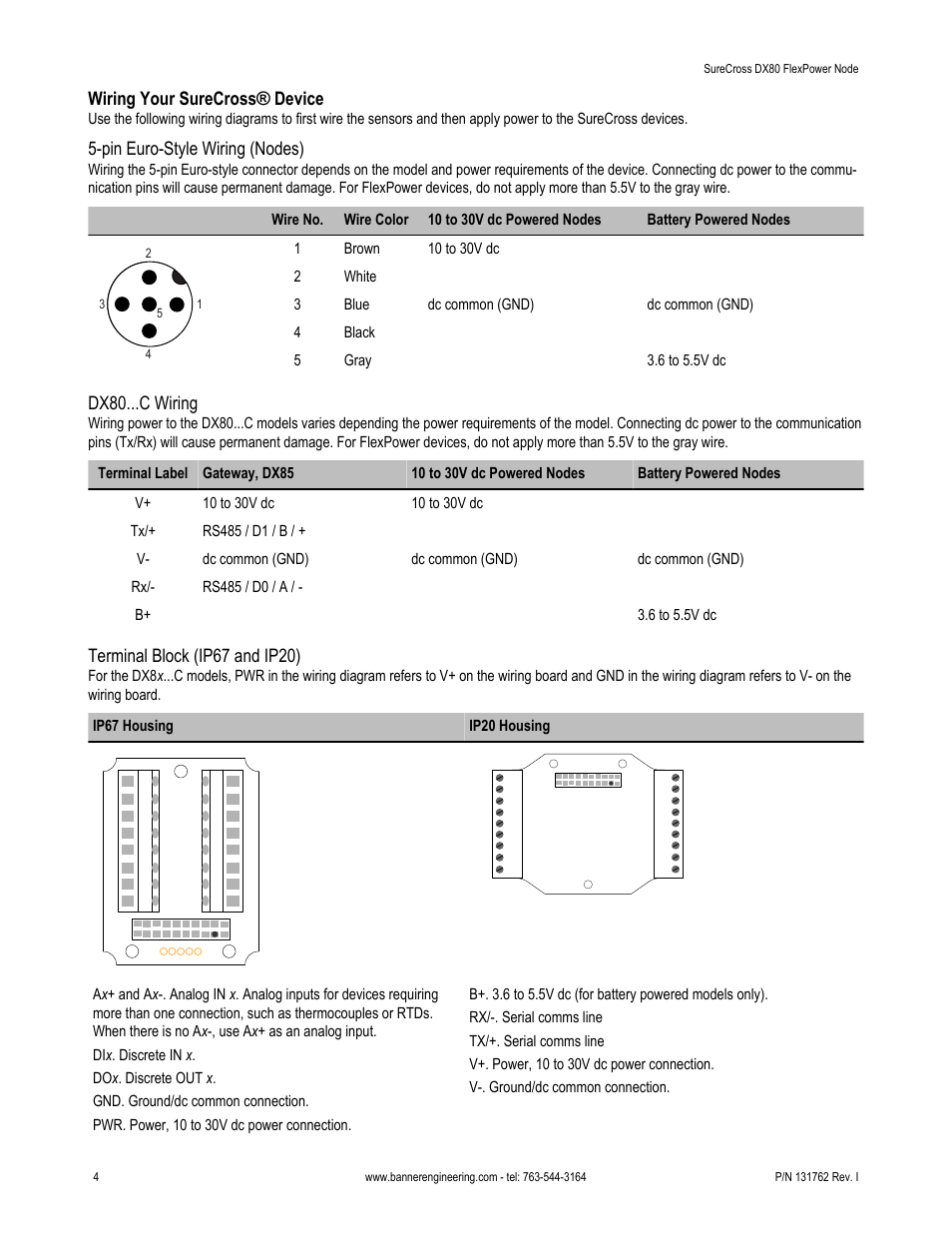 Wiring your surecross® device, Pin euro-style wiring (nodes), Dx80...c wiring | Terminal block (ip67 and ip20) | Banner SureCross DX80 Wireless Networks User Manual | Page 4 / 8