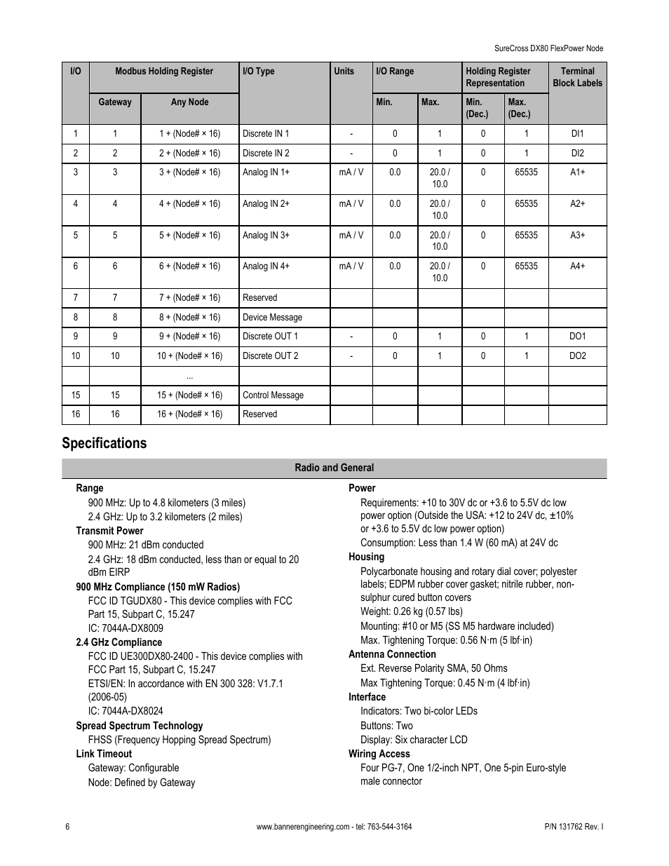 Specifications | Banner SureCross DX80 Wireless Networks User Manual | Page 6 / 8