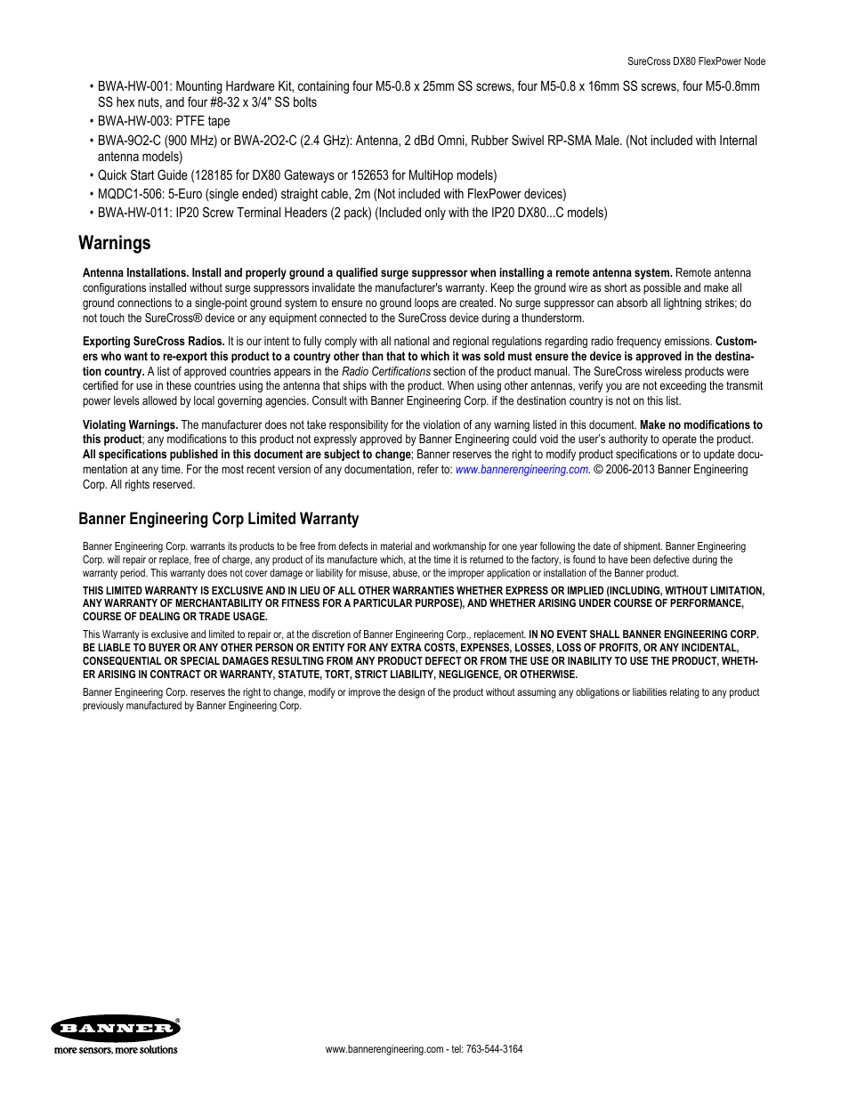 Warnings, Banner engineering corp limited warranty | Banner SureCross DX80 Wireless Networks User Manual | Page 8 / 8