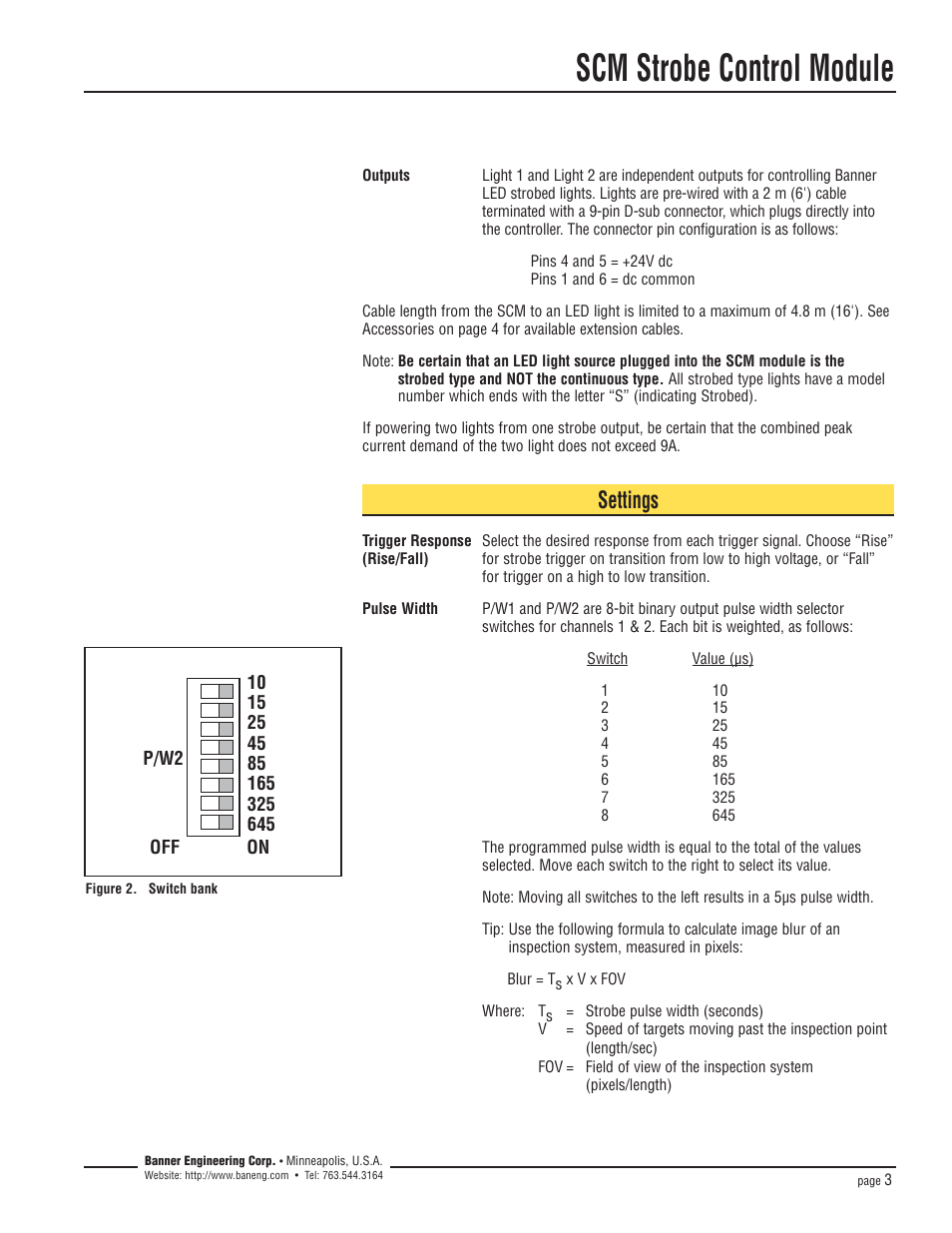 Scm strobe control module, Settings | Banner PresencePLUS Interface Modules User Manual | Page 3 / 4