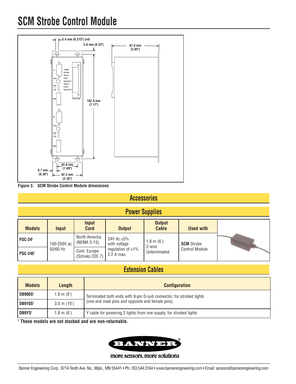 Scm strobe control module, Accessories power supplies, Extension cables | Models length configuration | Banner PresencePLUS Interface Modules User Manual | Page 4 / 4