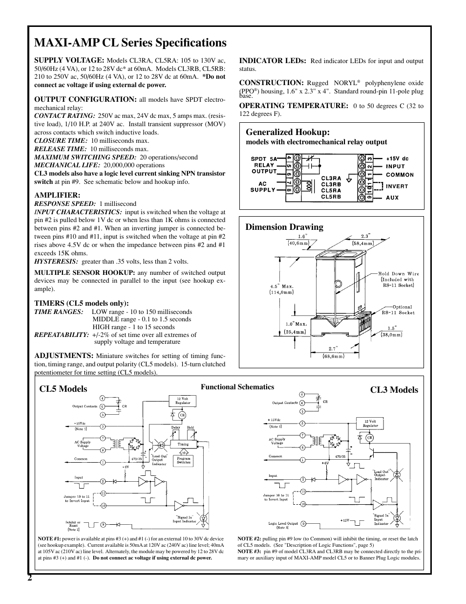 Maxi-amp cl series specifications, Cl3 models, Dimension drawing cl5 models 2 generalized hookup | Banner MAXI-AMP Series User Manual | Page 2 / 7