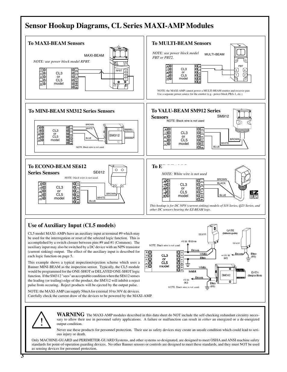 Sensor hookup diagrams, cl series maxi-amp modules, Use of auxiliary input (cl5 models) 3 warning | Banner MAXI-AMP Series User Manual | Page 3 / 7