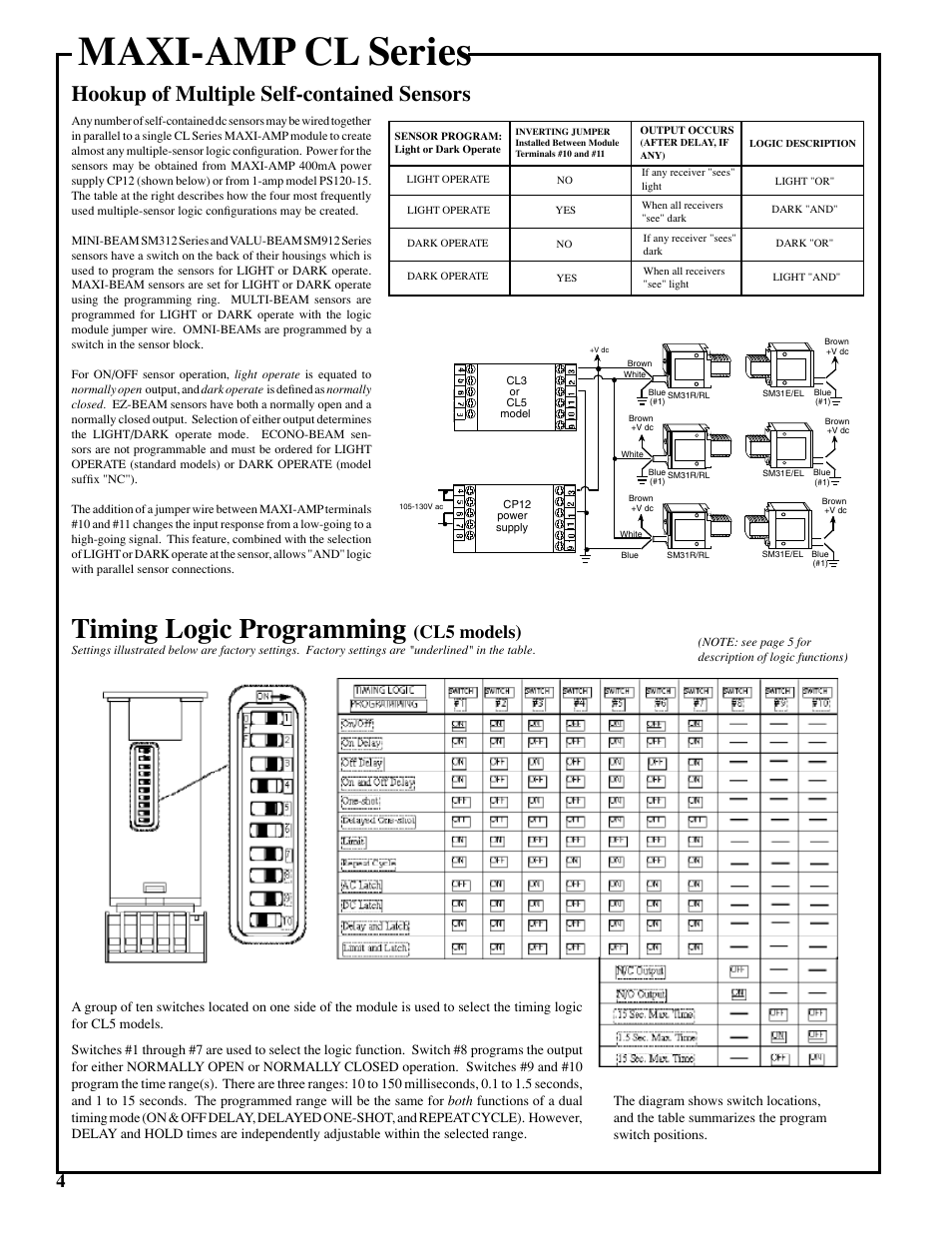 Maxi-amp cl series, Timing logic programming, Hookup of multiple self-contained sensors | Cl5 models) | Banner MAXI-AMP Series User Manual | Page 4 / 7