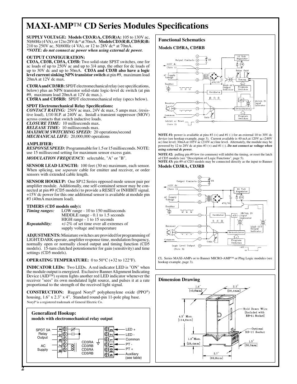 Maxi-amp ™ cd series modules specifications | Banner MAXI-AMP Series User Manual | Page 2 / 6