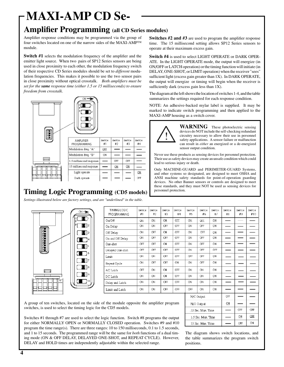 Maxi-amp cd se, Amplifier programming, Timing logic programming | Banner MAXI-AMP Series User Manual | Page 4 / 6