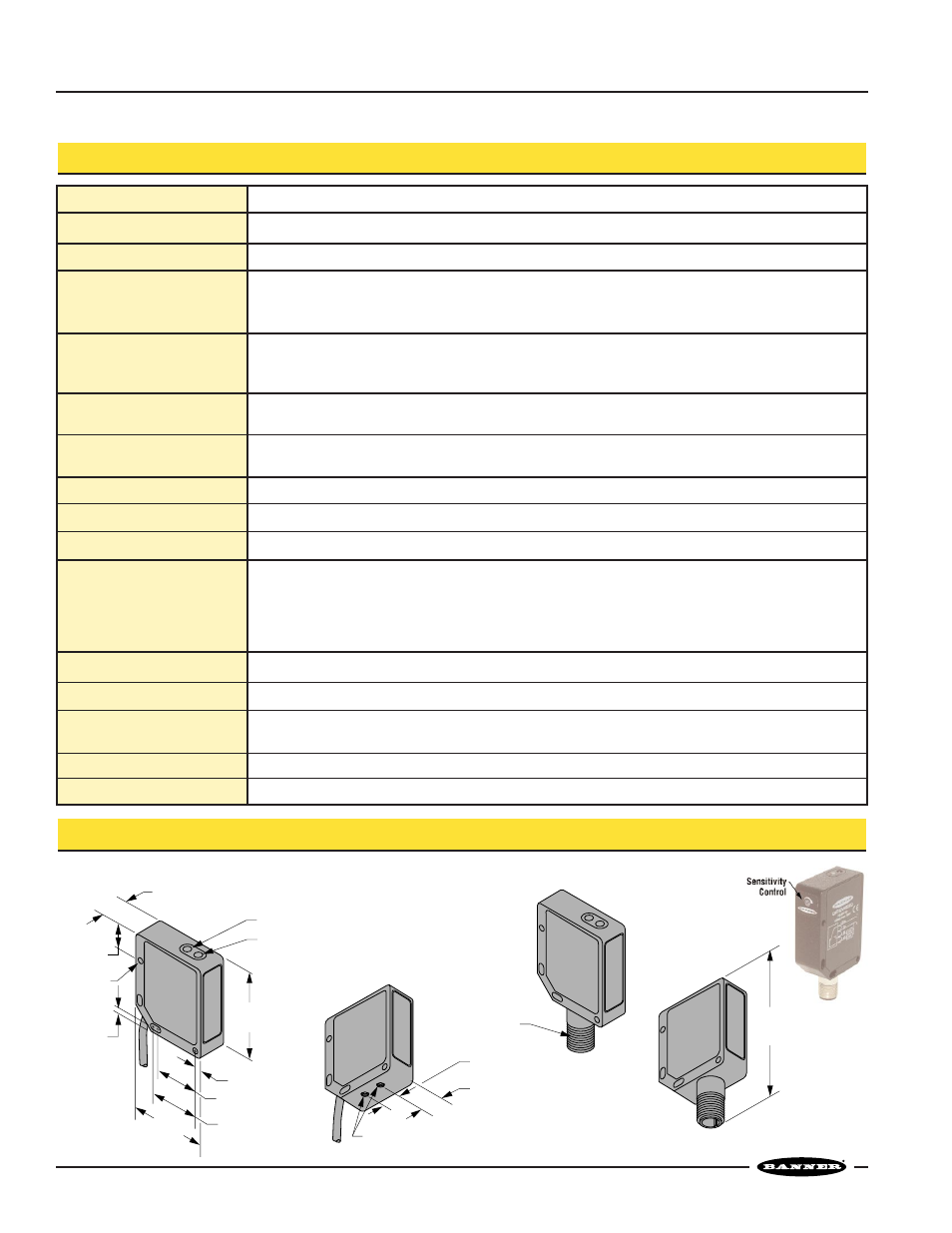 Qmt42 series long-range diffuse sensors, Qmt42dx specifications qmt42dx dimensions, Cabled models | Quick-disconnect models | Banner QMT42 Series User Manual | Page 2 / 4