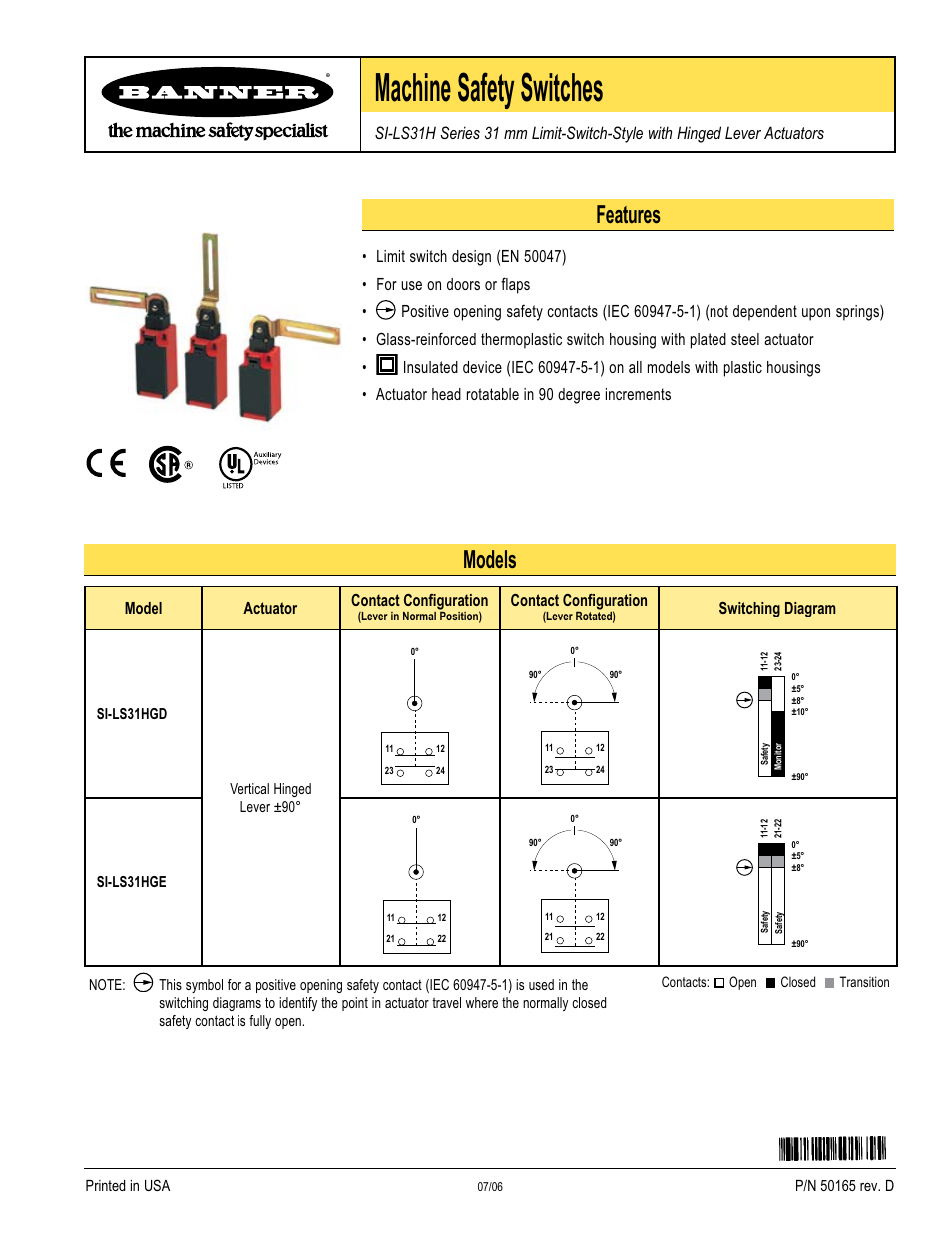 Banner SI-HG63 Hinge Style Switches User Manual | 8 pages