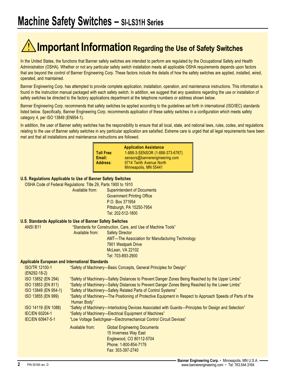 Machine safety switches, Important, Information | Si-ls31h series, Regarding the use of safety switches | Banner SI-HG63 Hinge Style Switches User Manual | Page 2 / 8