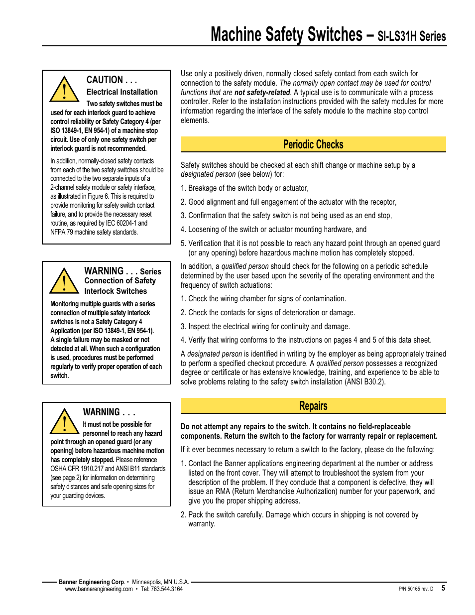 Machine safety switches, Si-ls31h series, Periodic checks | Repairs | Banner SI-HG63 Hinge Style Switches User Manual | Page 5 / 8