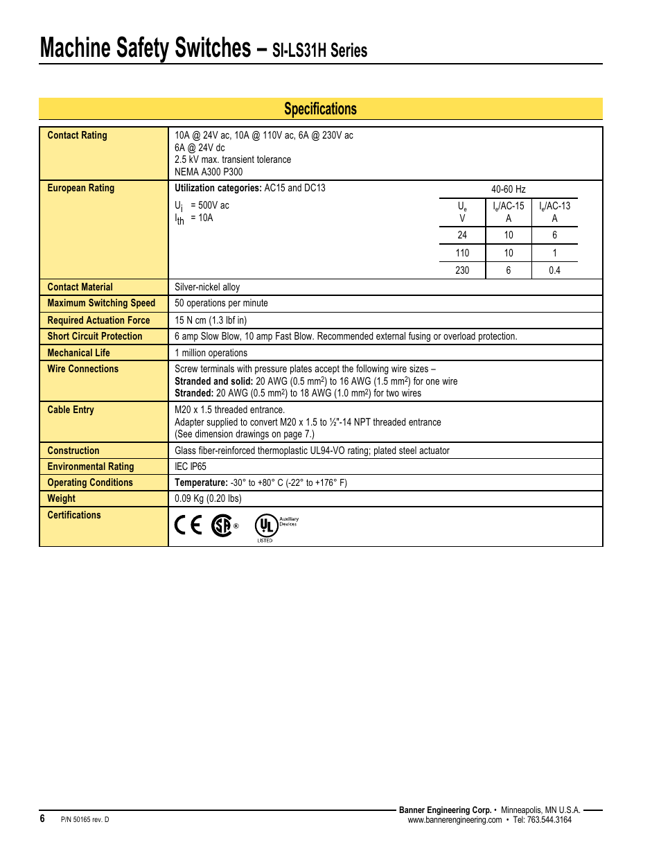 Machine safety switches, Si-ls31h series, Specifications | Banner SI-HG63 Hinge Style Switches User Manual | Page 6 / 8