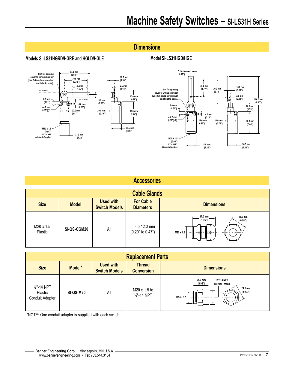 Machine safety switches, Si-ls31h series, Dimensions accessories cable glands | Replacement parts | Banner SI-HG63 Hinge Style Switches User Manual | Page 7 / 8