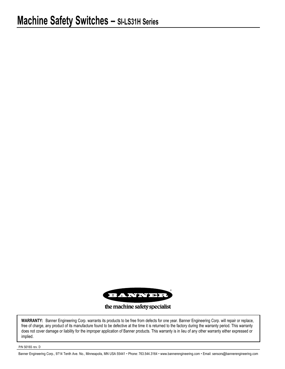 Machine safety switches, Si-ls31h series | Banner SI-HG63 Hinge Style Switches User Manual | Page 8 / 8