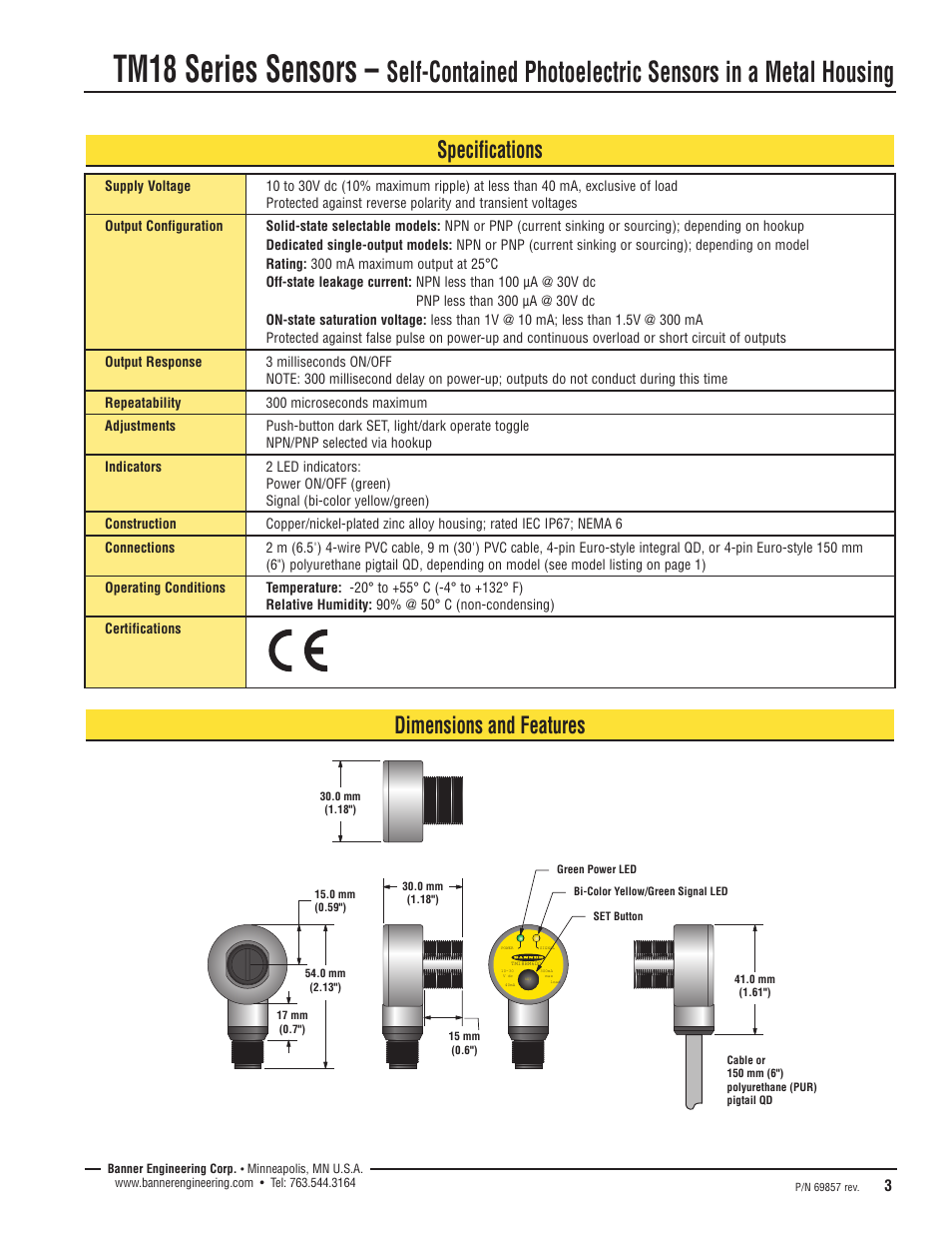 Tm18 series sensors, Specifications, Dimensions and features | Banner TM18 Series User Manual | Page 3 / 4