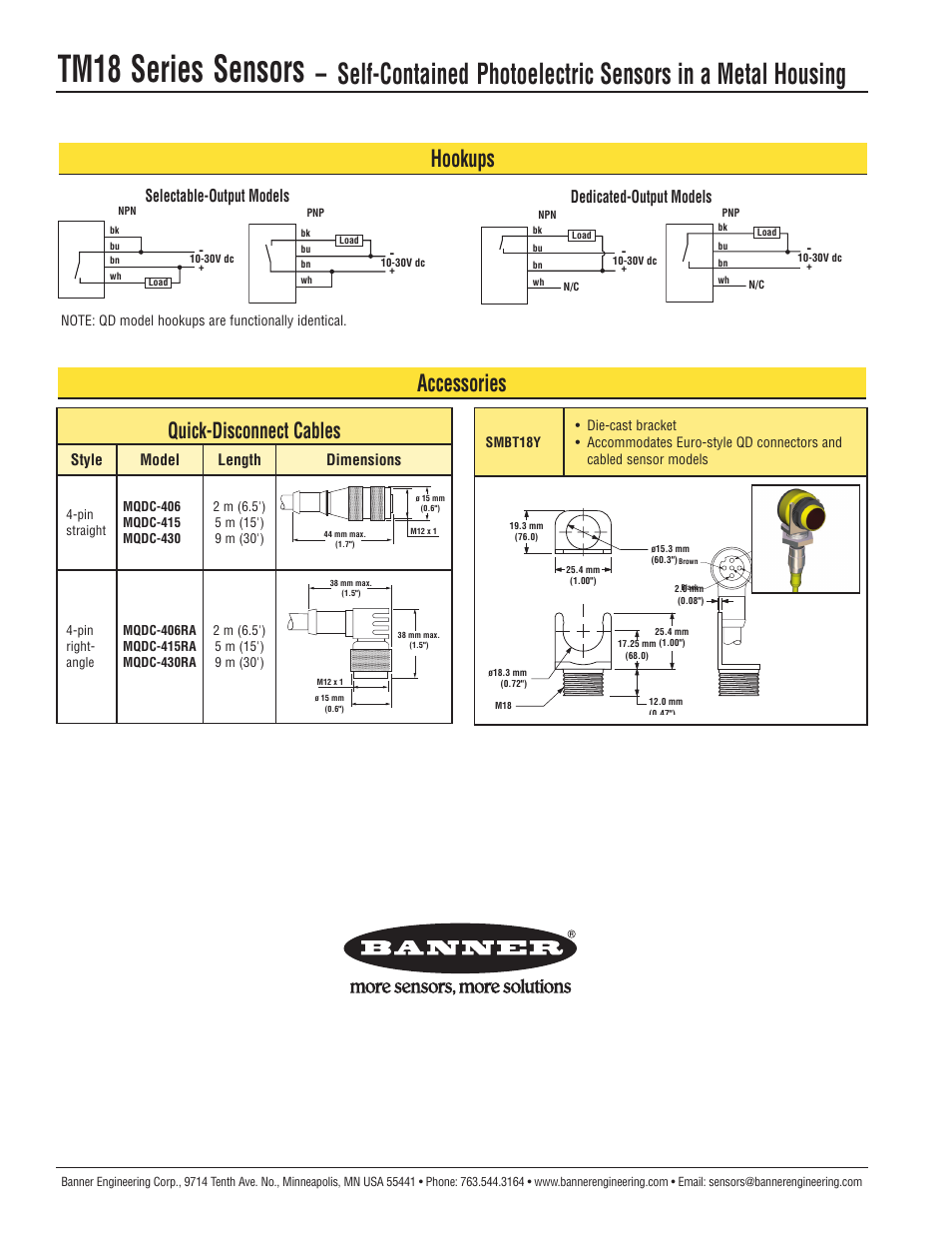 Tm18 series sensors, Accessories, Hookups | Quick-disconnect cables, Selectable-output models dedicated-output models, Style model length dimensions | Banner TM18 Series User Manual | Page 4 / 4