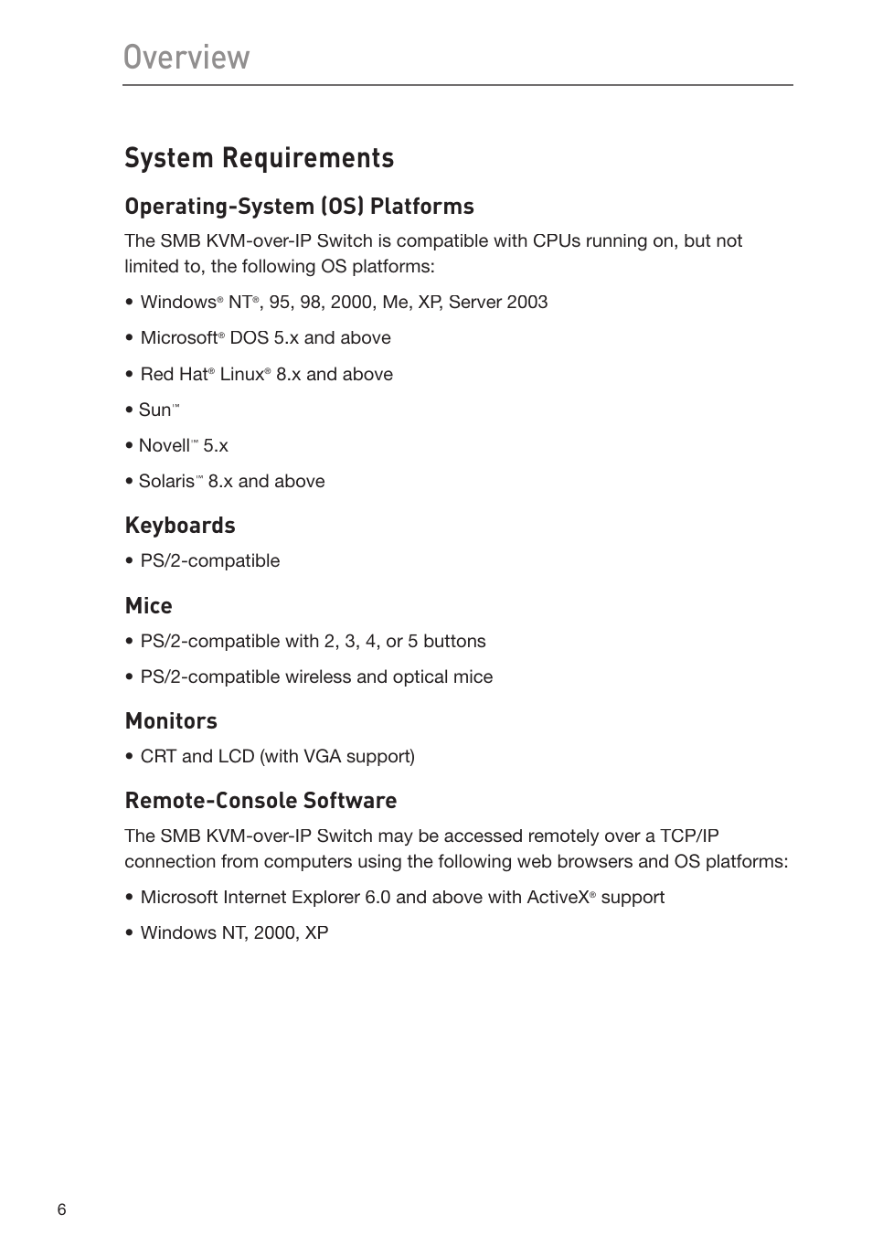 Overview, System requirements, Operating-system (os) platforms | Keyboards, Mice, Monitors, Remote-console software | Belkin F1DP116Gea User Manual | Page 10 / 84