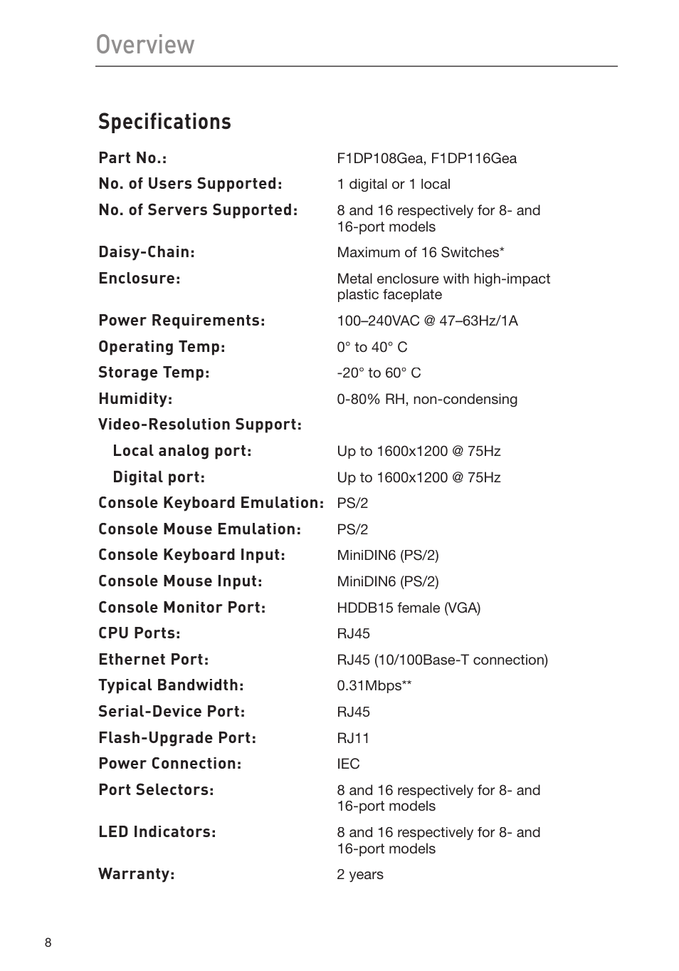 Overview, Specifications | Belkin F1DP116Gea User Manual | Page 12 / 84