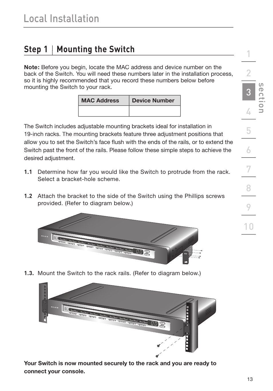 Local installation, Step 1 mounting the switch, Se ct io n | Belkin F1DP116Gea User Manual | Page 17 / 84