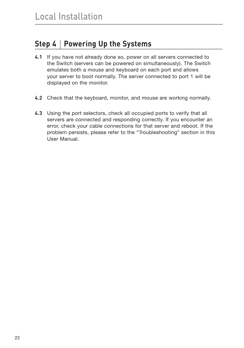 Local installation, Step 4 powering up the systems | Belkin F1DP116Gea User Manual | Page 26 / 84