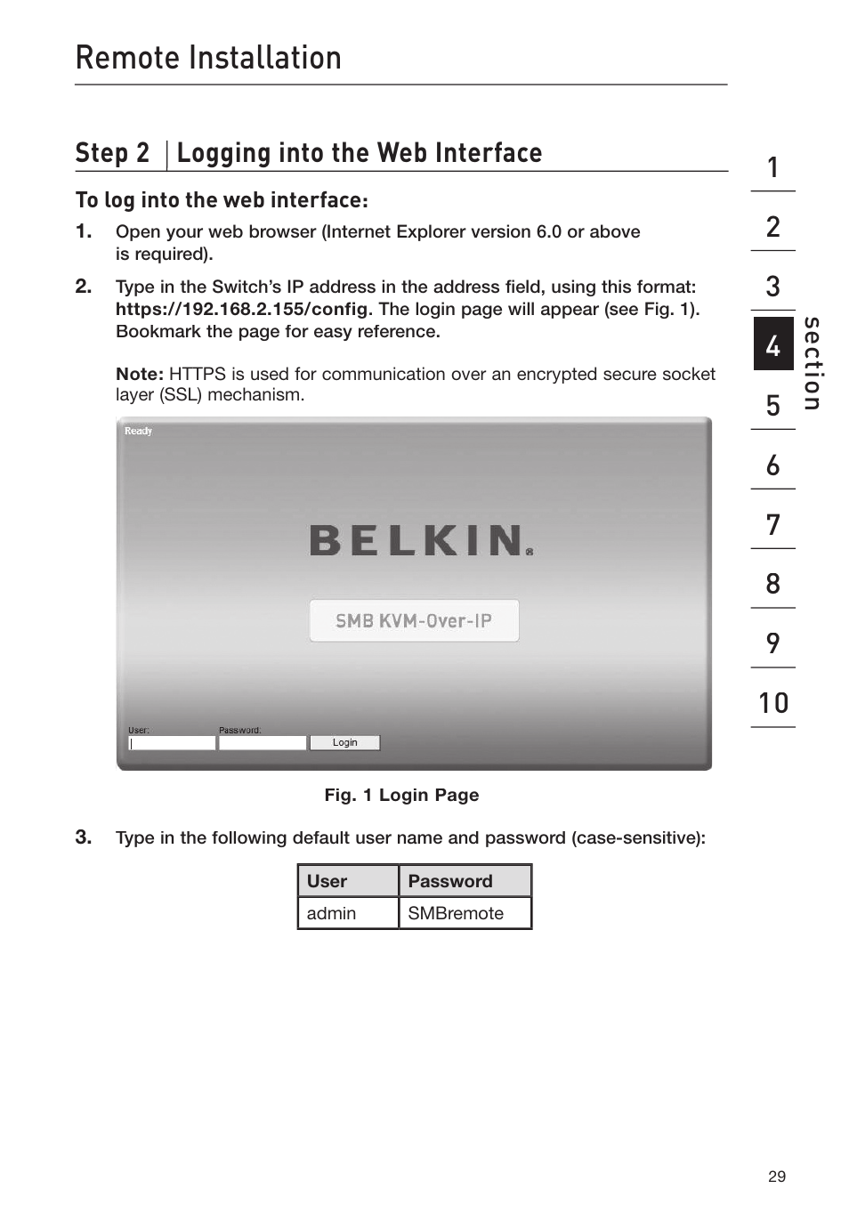 Remote installation, Step 2 logging into the web interface, Se ct io n | Belkin F1DP116Gea User Manual | Page 33 / 84