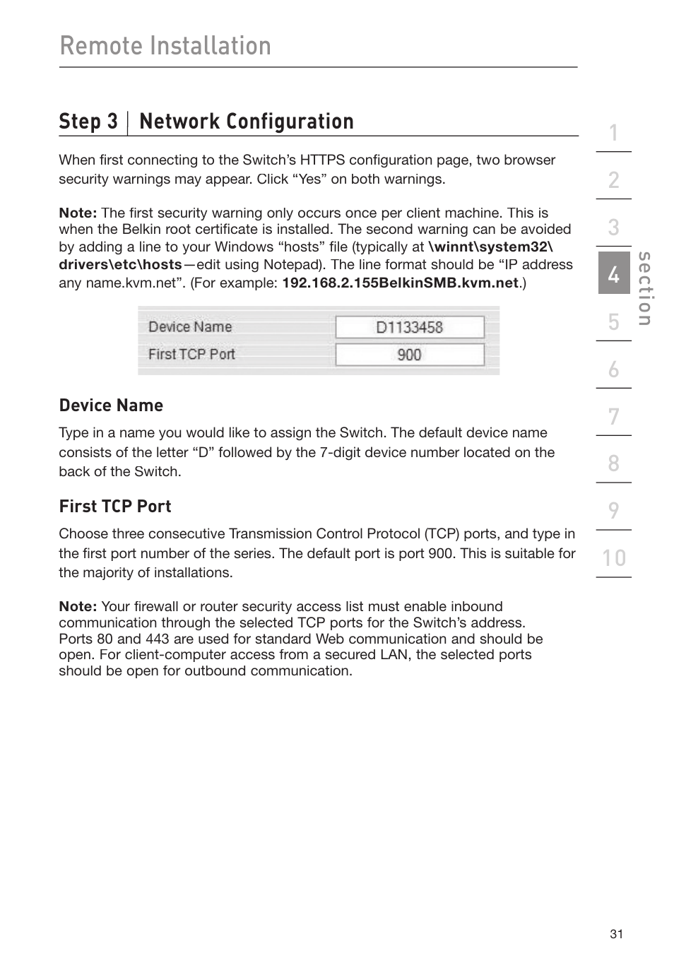 Remote installation, Step 3 network configuration, Se ct io n | Belkin F1DP116Gea User Manual | Page 35 / 84