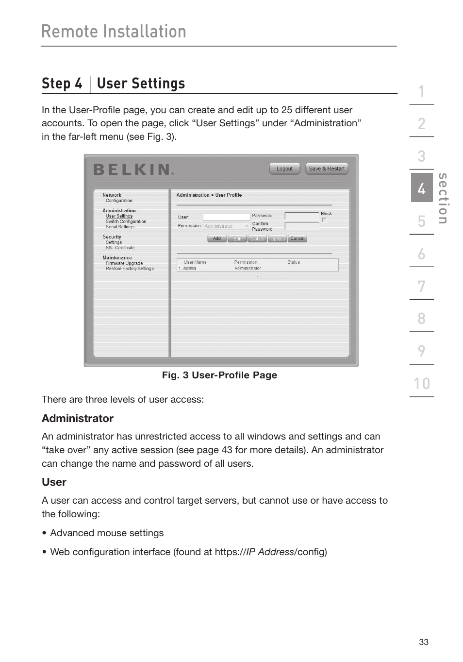 Remote installation, Step 4 user settings, Se ct io n | Belkin F1DP116Gea User Manual | Page 37 / 84