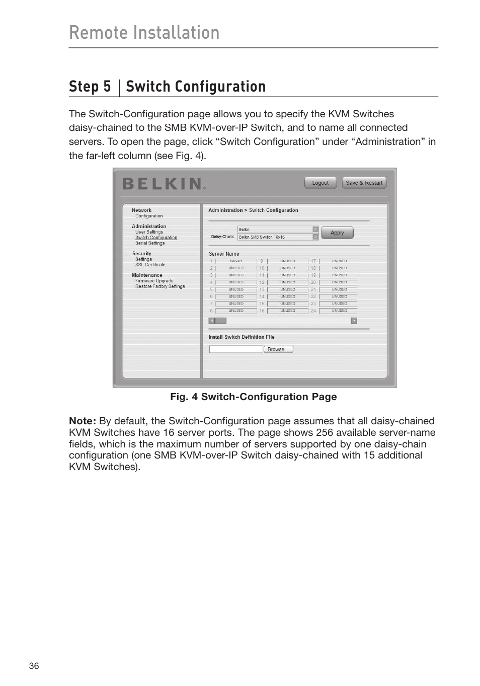 Remote installation, Step 5 switch configuration | Belkin F1DP116Gea User Manual | Page 40 / 84