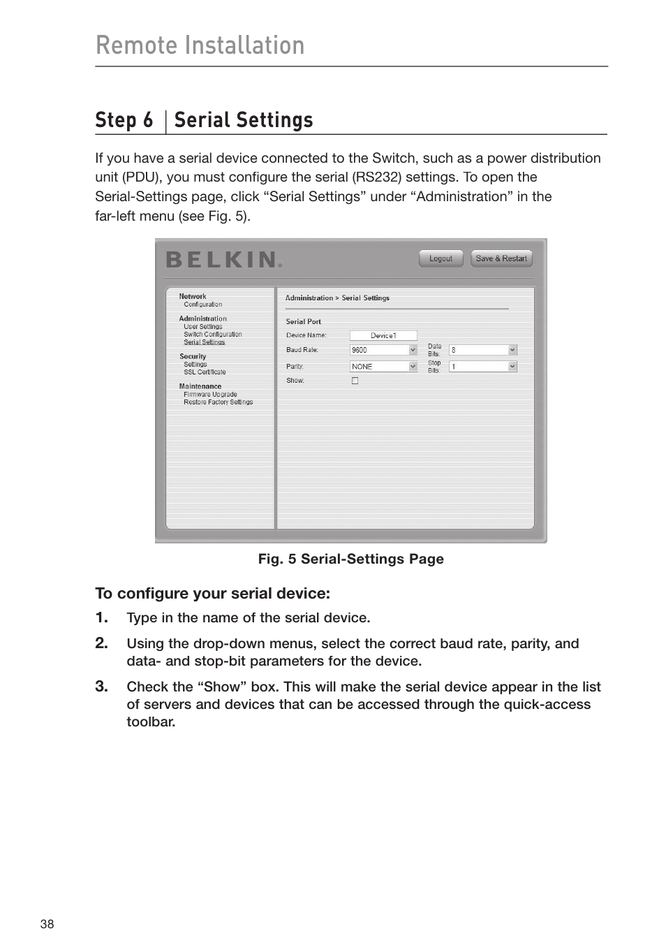 Remote installation, Step 6 serial settings | Belkin F1DP116Gea User Manual | Page 42 / 84