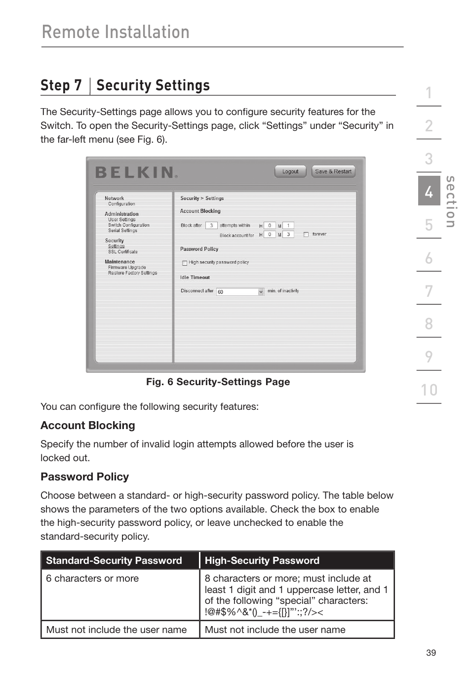 Remote installation, Step 7 security settings, Se ct io n | Belkin F1DP116Gea User Manual | Page 43 / 84