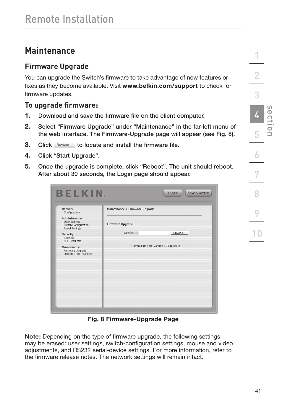 Remote installation, Maintenance, Se ct io n | Belkin F1DP116Gea User Manual | Page 45 / 84