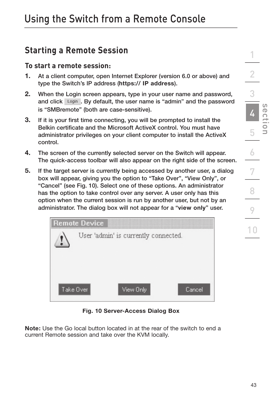 Using the switch from a remote console, Starting a remote session, Se ct io n | Belkin F1DP116Gea User Manual | Page 47 / 84