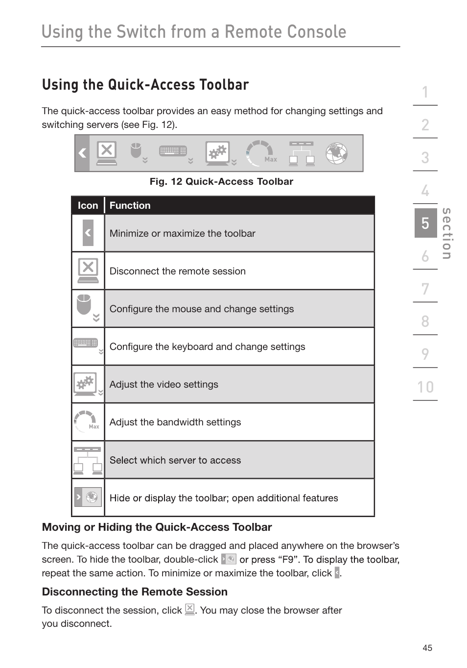 Using the switch from a remote console, Using the quick-access toolbar, Se ct io n | Belkin F1DP116Gea User Manual | Page 49 / 84