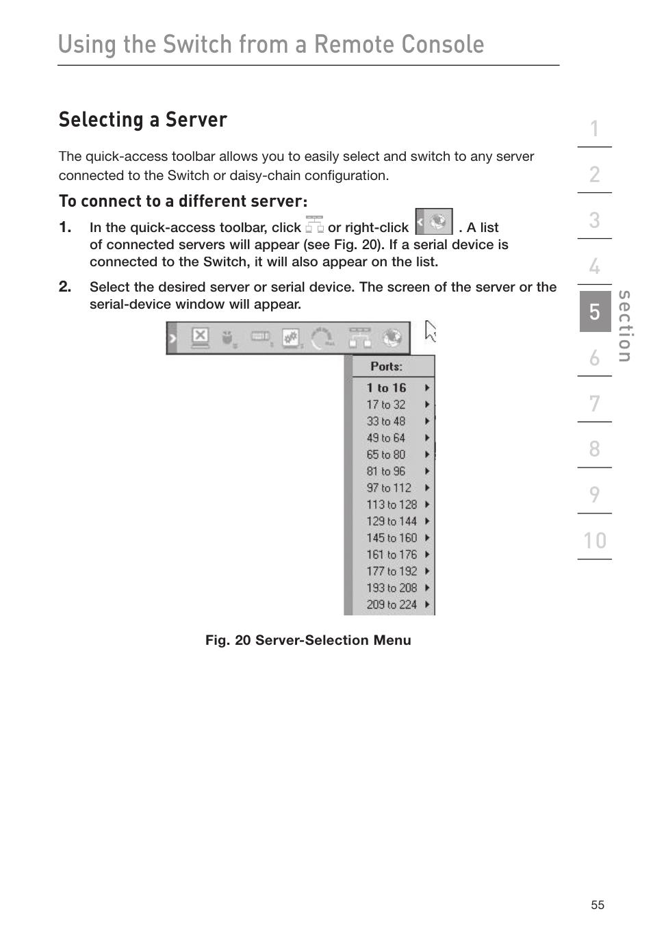 Using the switch from a remote console, Selecting a server | Belkin F1DP116Gea User Manual | Page 59 / 84