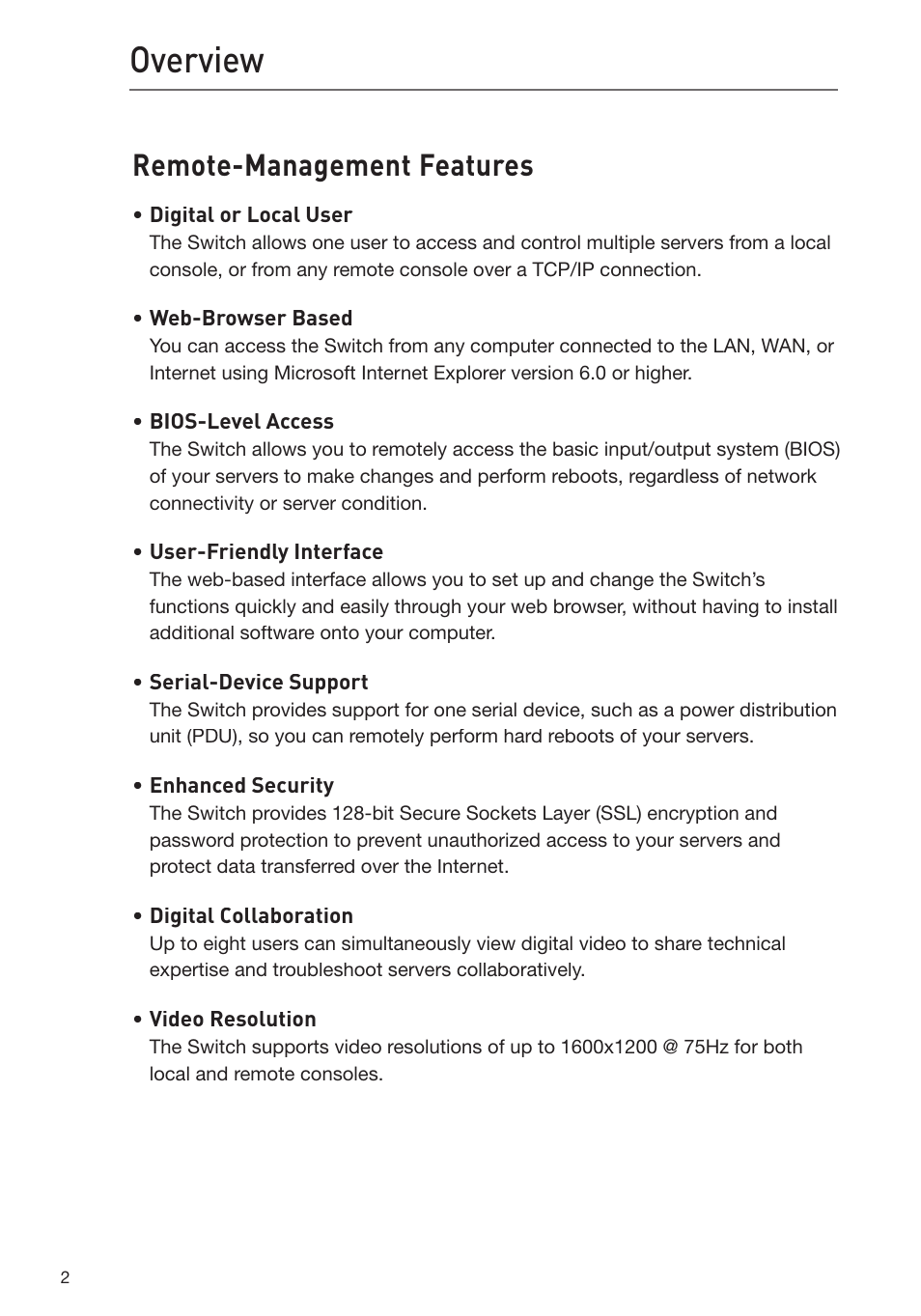 Overview, Remote-management features | Belkin F1DP116Gea User Manual | Page 6 / 84