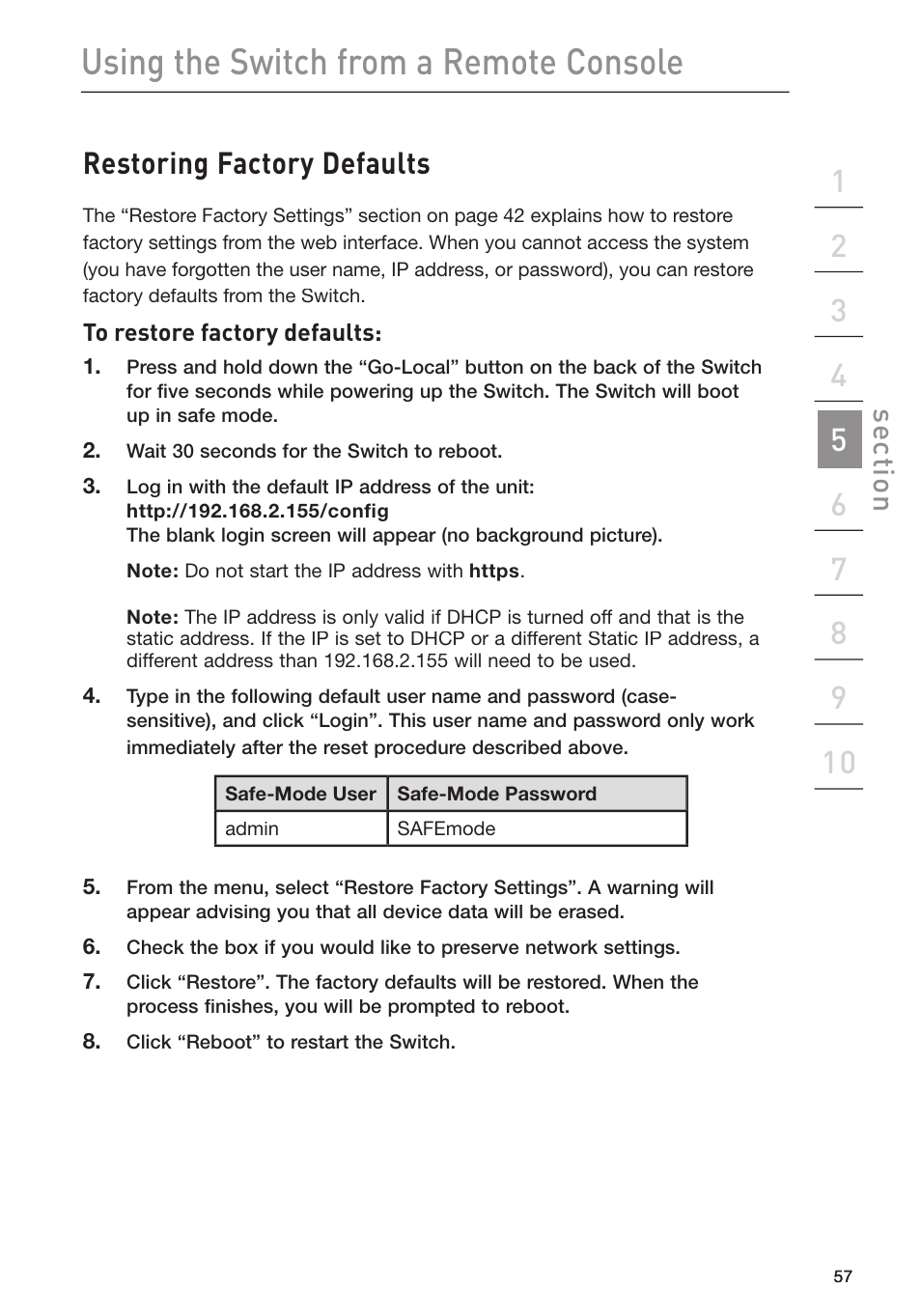 Using the switch from a remote console, Restoring factory defaults, Se ct io n | Belkin F1DP116Gea User Manual | Page 61 / 84