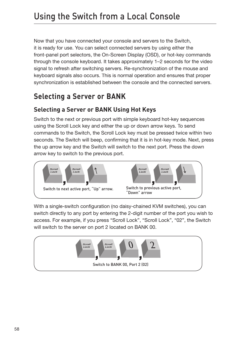 Using the switch from a local console, Selecting a server or bank, Selecting a server or bank using hot keys | Belkin F1DP116Gea User Manual | Page 62 / 84