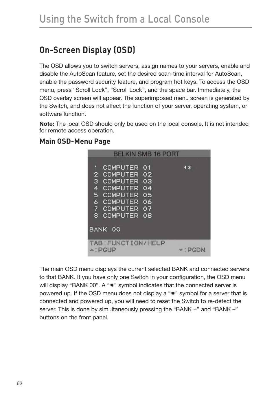 Using the switch from a local console, On-screen display (osd) | Belkin F1DP116Gea User Manual | Page 66 / 84