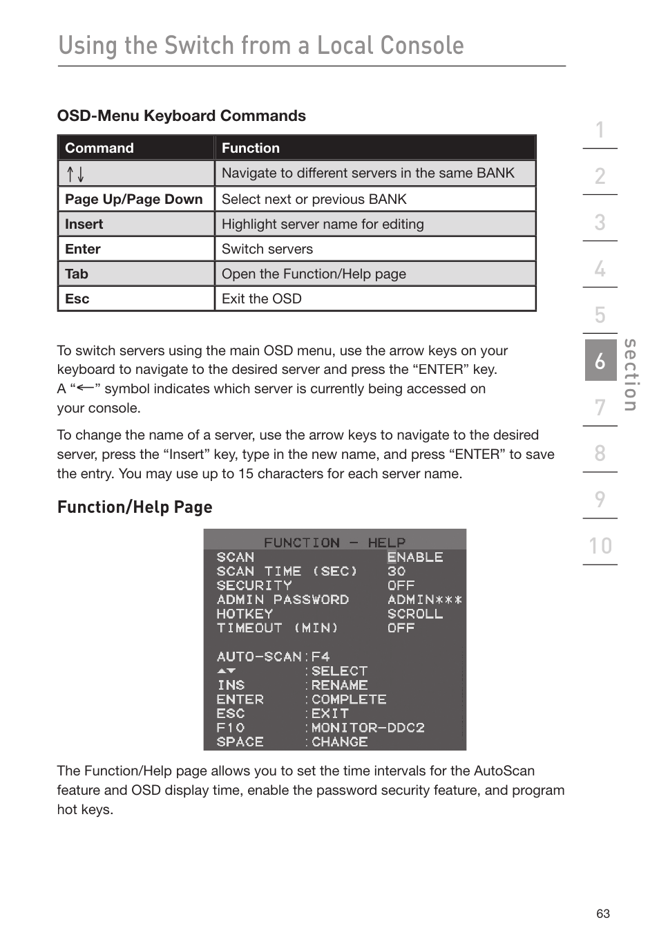 Using the switch from a local console, Se ct io n | Belkin F1DP116Gea User Manual | Page 67 / 84