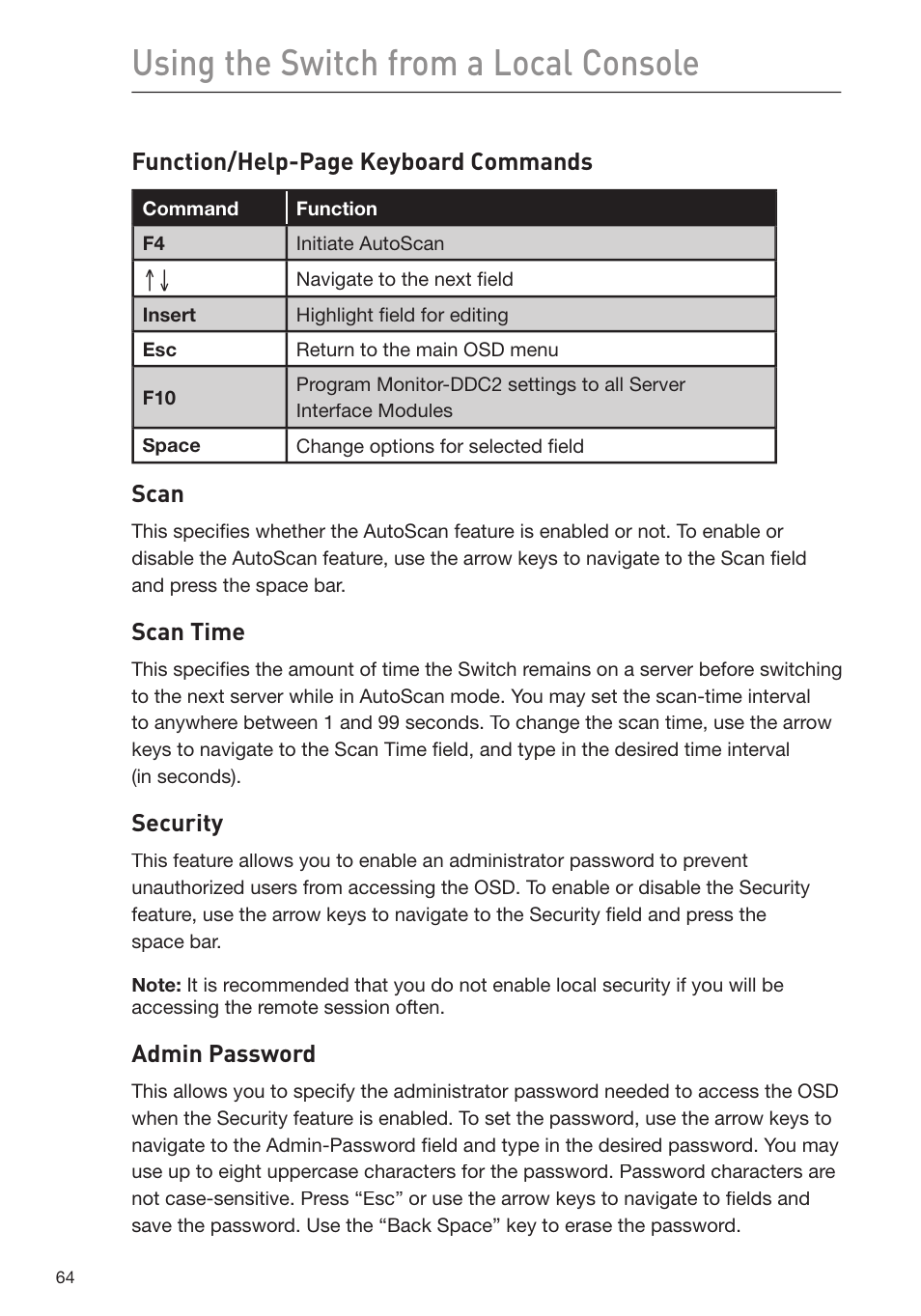 Using the switch from a local console | Belkin F1DP116Gea User Manual | Page 68 / 84