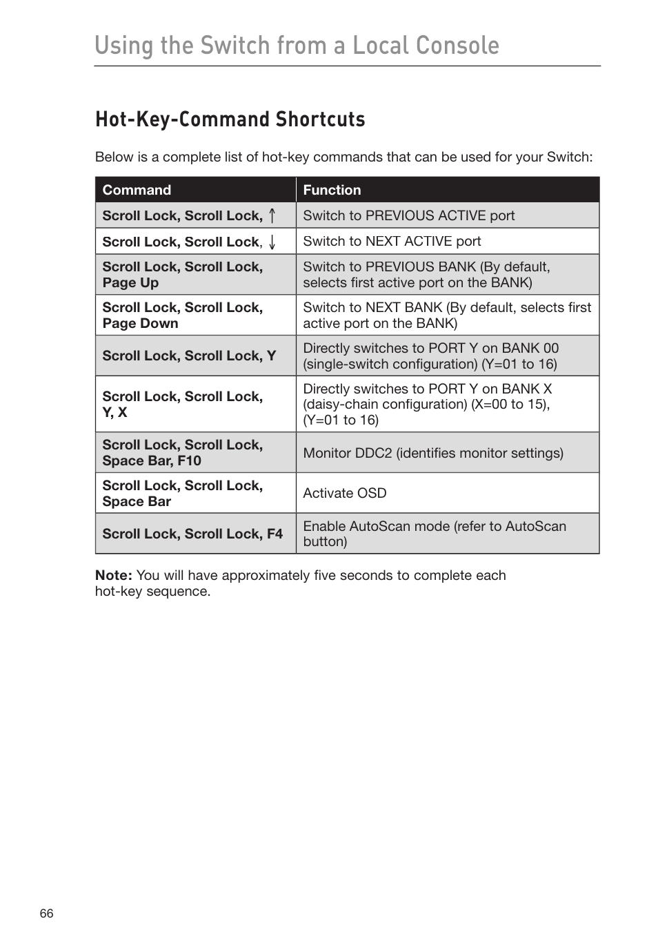 Using the switch from a local console, Hot-key-command shortcuts | Belkin F1DP116Gea User Manual | Page 70 / 84